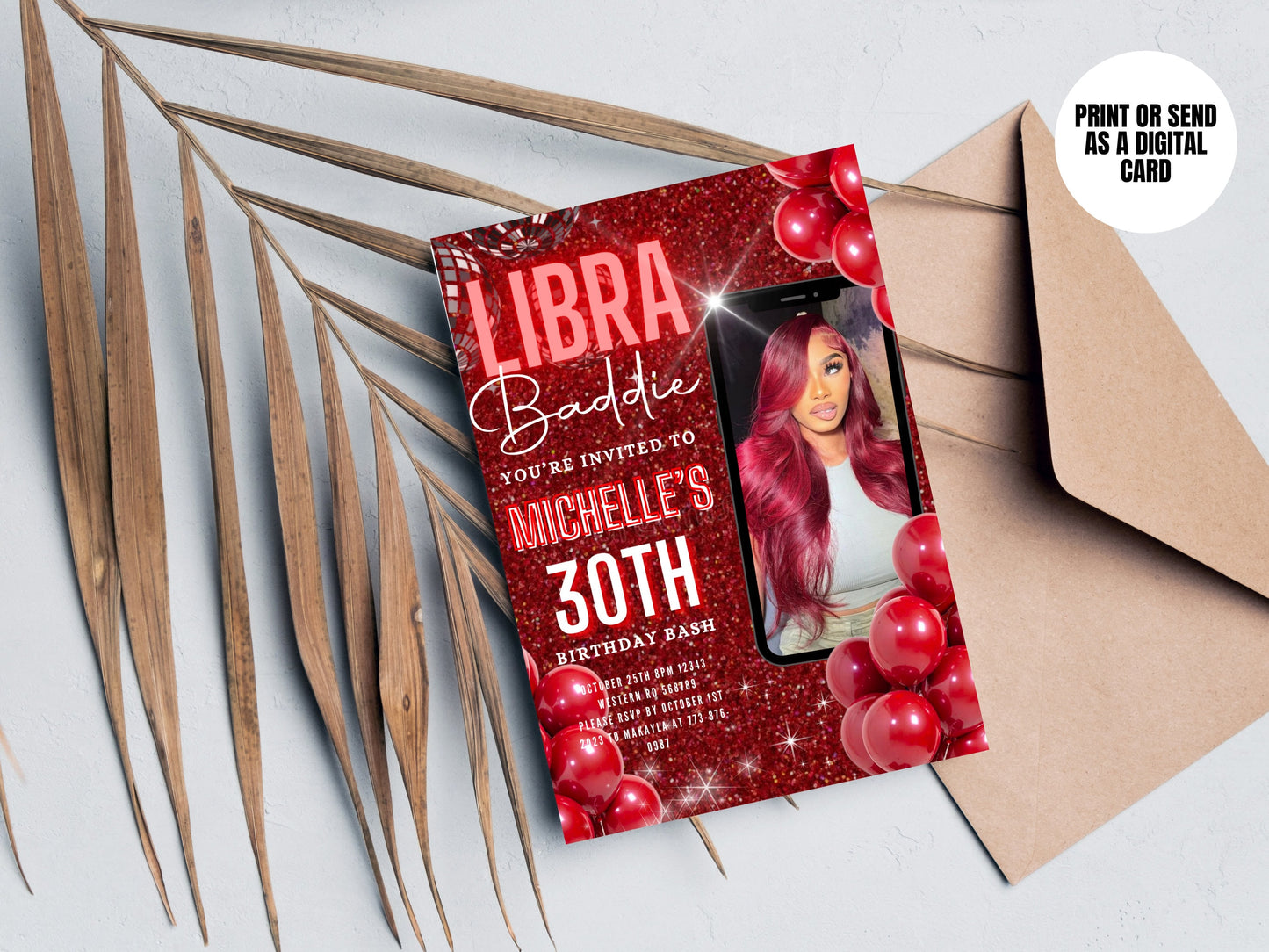 Red Libra invite, Digital Bday card, DIY invite Template Design, Birthday Party Invites Flyer, Premade Celebration birthday invite